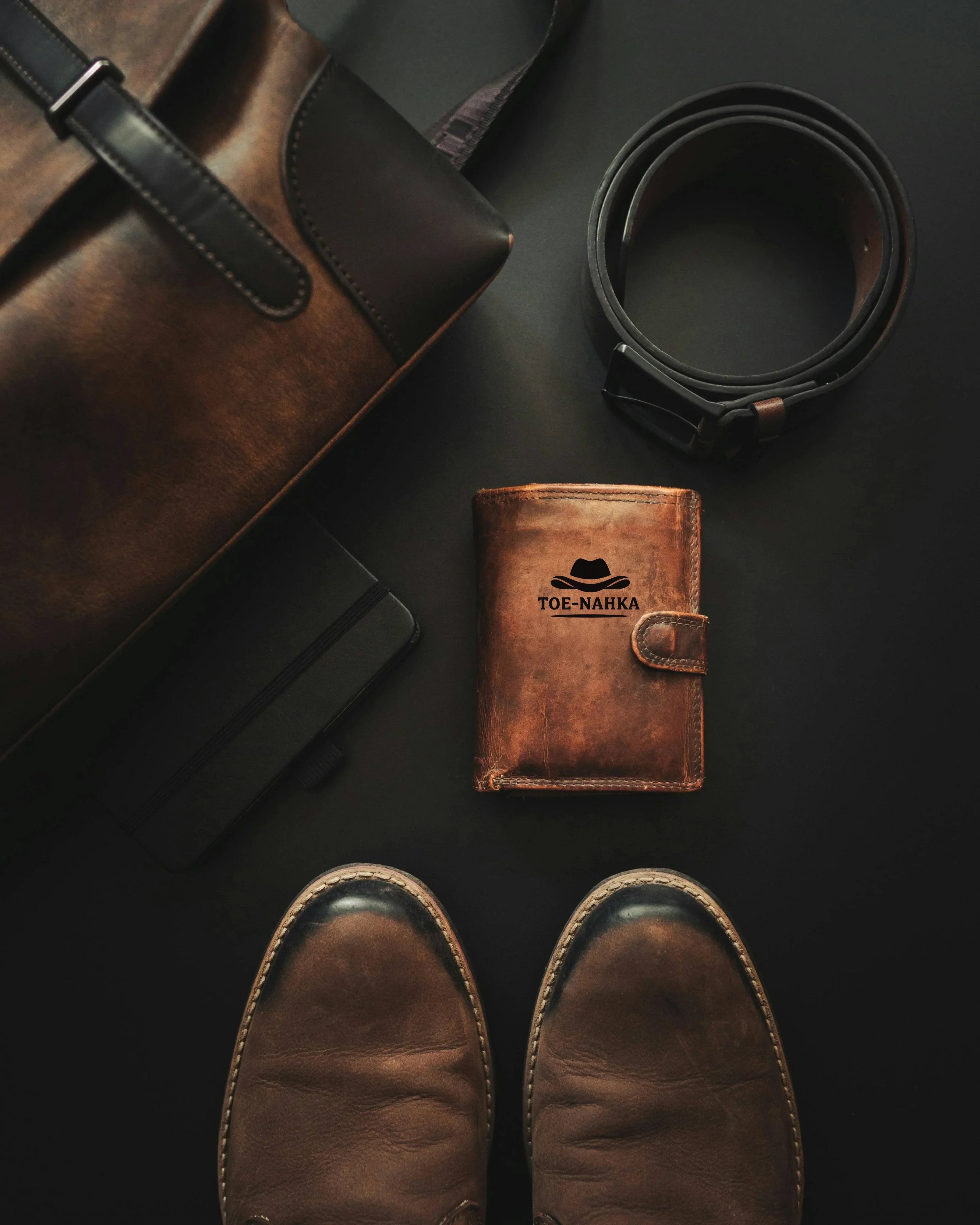 Tyylikäs sommitelma ruskeista nahkatuotteista tummalla pohjalla: nahkalaukku, lompakko Toe-Nahka-logolla, vyö ja nahkakengät – havainnollistaa laadukkaiden nahkatuotteiden kestävyyttä ja yhteensopivuutta.