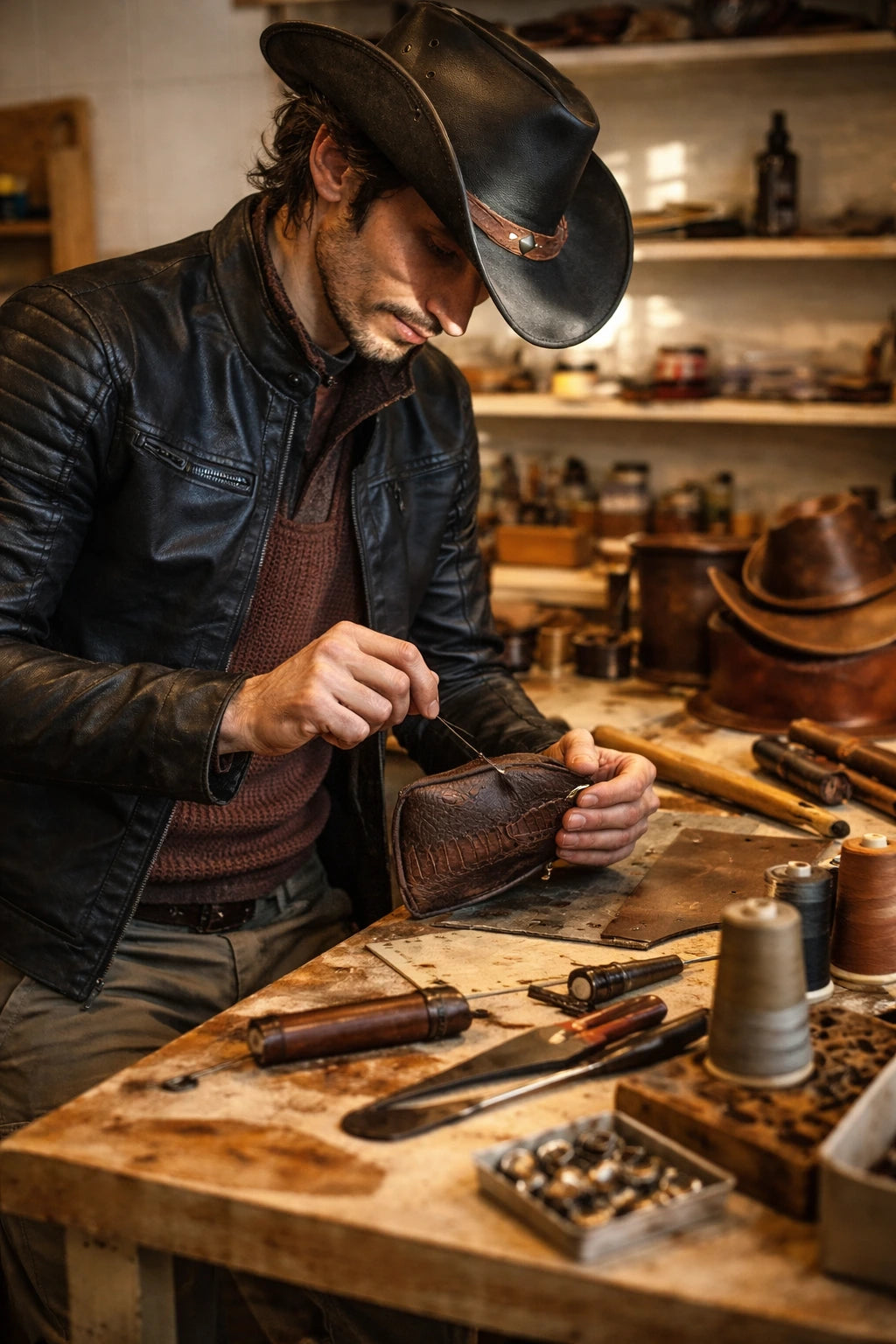 Lähikuva laadukkaista ruskeista nahkatuotteista tummalla pohjalla: tyylikäs nahkalaukku, vyö, ruskeat nahkakengät sekä nahkalompakko, jossa on Toe-Nahka Designin logo.
