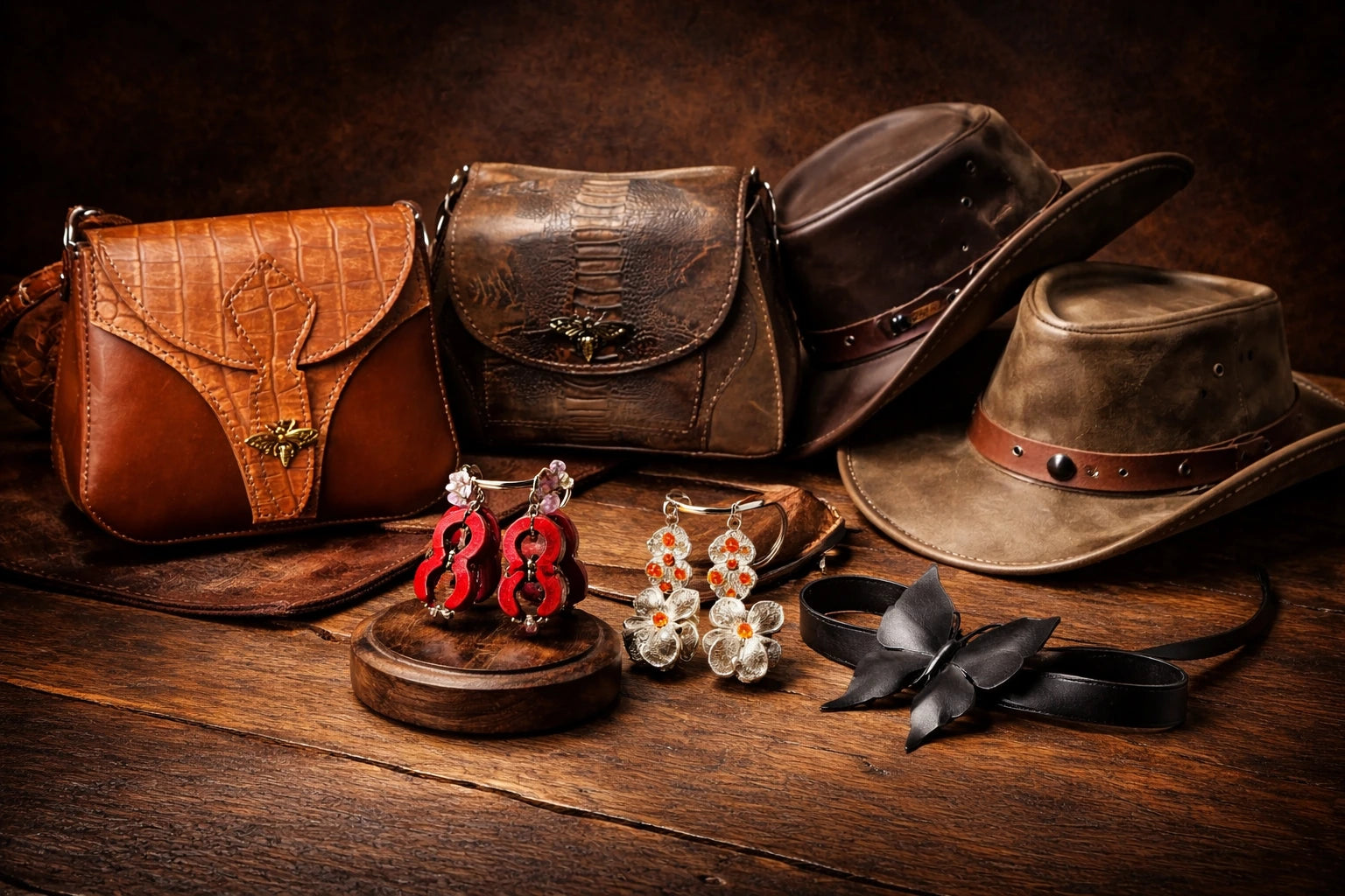 Tyylikäs asetelma käsintehdyistä asusteista puupinnalla: kaksi kuvioitua nahkalaukkua mehiläissoljilla, nahkaisia lierihattuja, punaiset puukorut sekä näyttävä musta nahkaperhonen – Toe-Nahka Designin taidonnäytteitä.