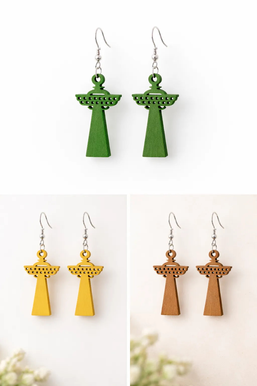 Kolmen kuvan sarja puisista Näsinneula-korvakoruista valkoisella pohjalla: vihreät, keltaiset ja ruskeat korvakorut – korostaa selkeästi korujen muotoilua ja laserleikattuja yksityiskohtia.
